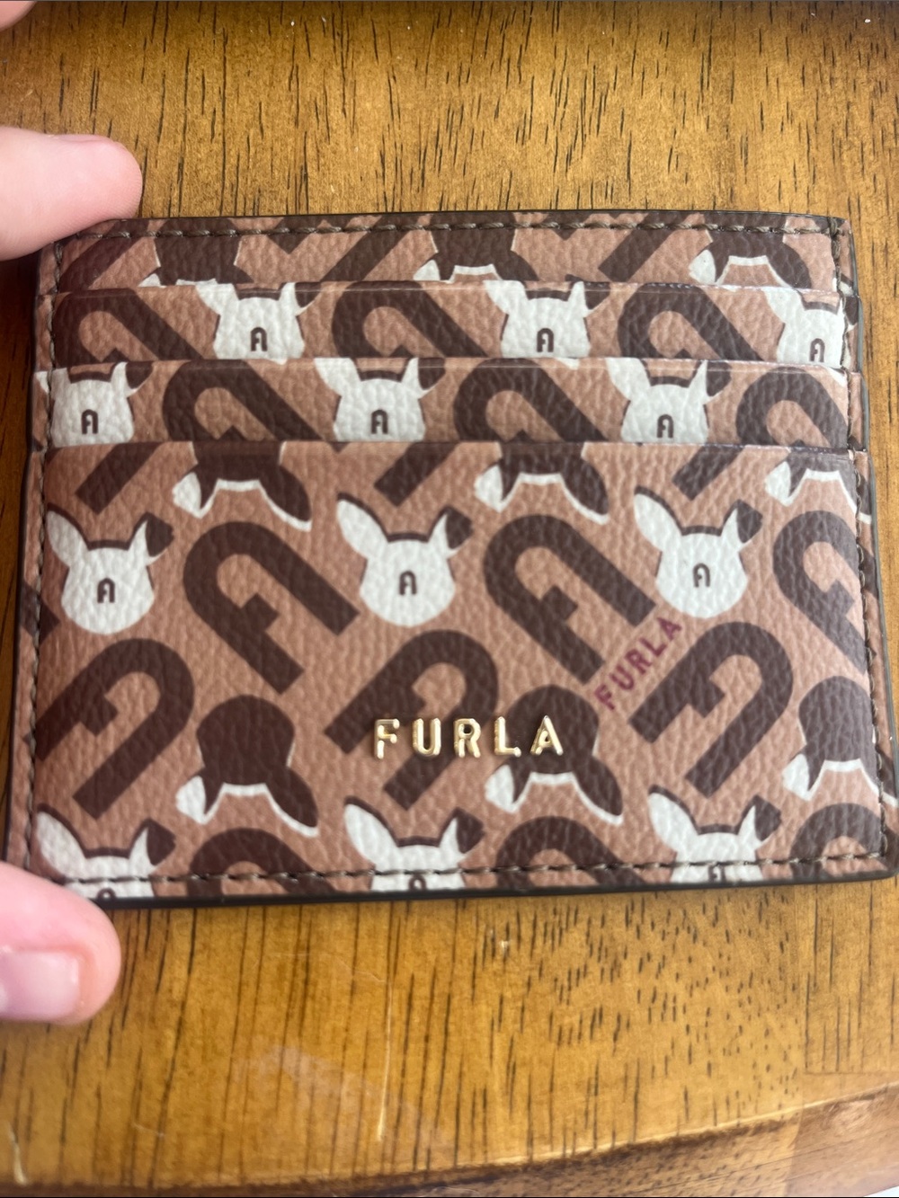 Furla Brown & White Monogram Leather Card Case